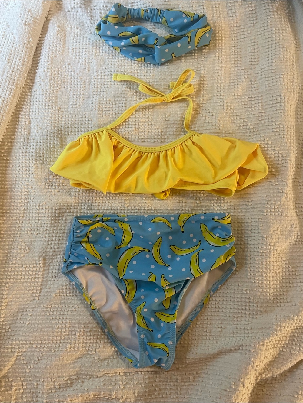 Yellow Ruffle Bikini Top with Blue Banana-Print Bottoms and Headband